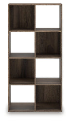 Dark brown cube organizer with vertical column of square cubbies and open shelves