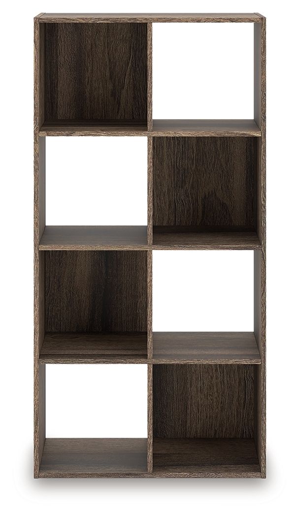 Dark brown cube organizer with vertical column of square cubbies and open shelves