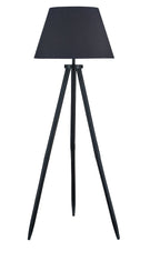 Black wood floor lamp with conical fabric shade and three slim tripod legs