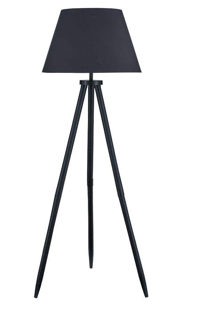 Black wood floor lamp with conical fabric shade and three slim tripod legs