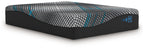 Hybrid 16-inch mattress, black sides, grey quilted top with teal crosshatch