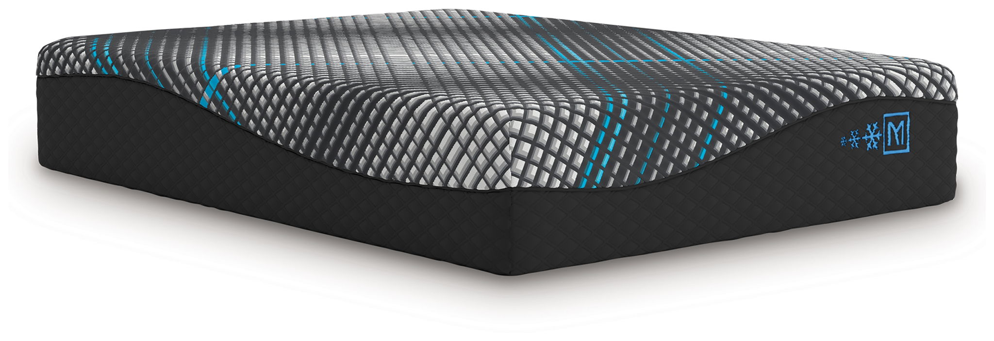 Hybrid 16-inch mattress, black sides, grey quilted top with teal crosshatch