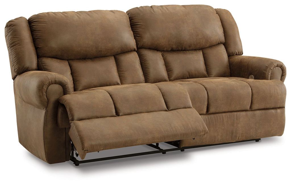 Reclining sofa loveseat with extended footrests and padded arms, brown upholstery
