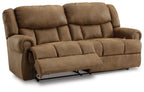 Reclining sofa loveseat with extended footrests and padded arms, brown upholstery