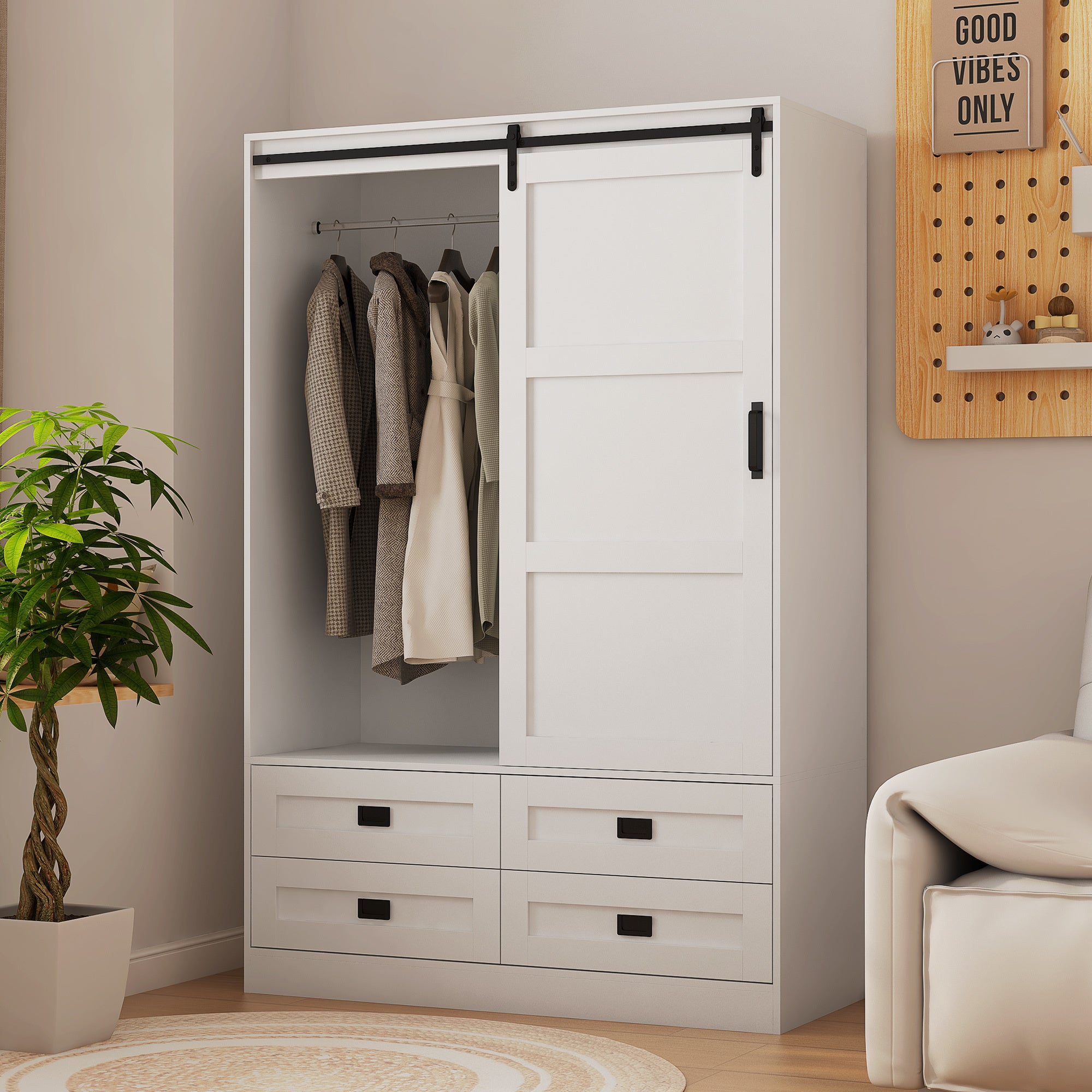 Rustic Armoire Wardrobe with Hanging Rod & Drawers