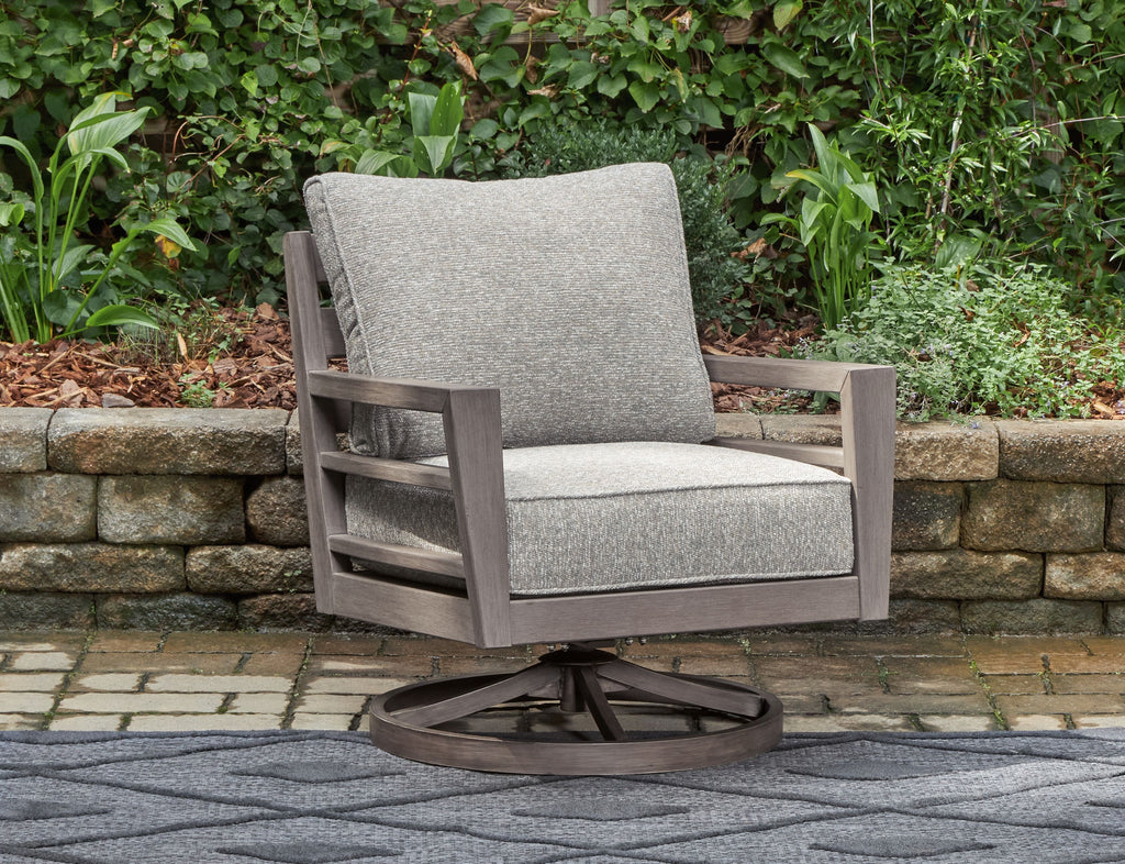 Gray upholstered swivel lounge chair with armrests and seat cushion, on round base