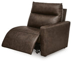 Wall power recliner with chaise-style footrest, padded arms, dark chocolate fabric