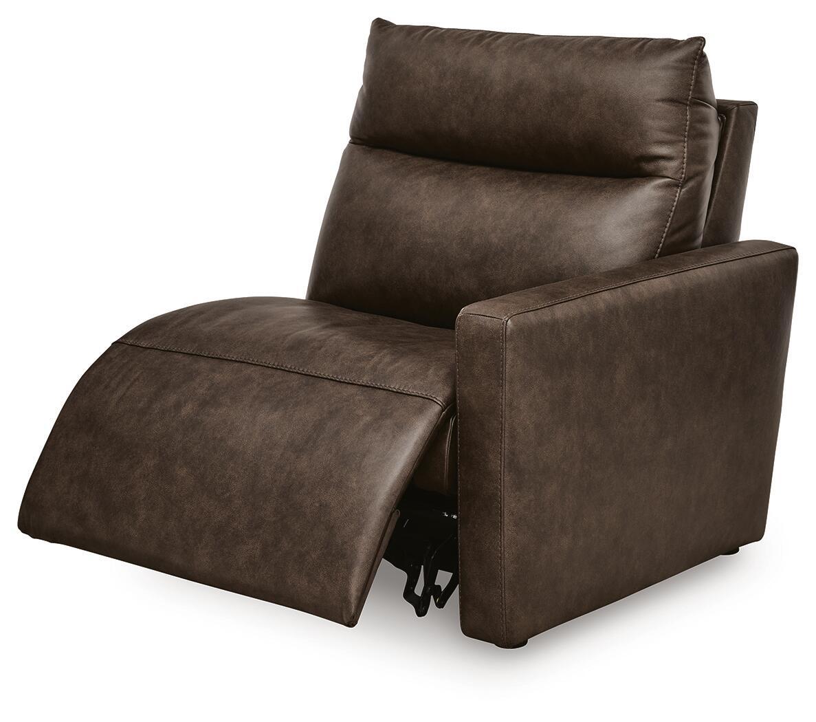 Wall power recliner with chaise-style footrest, padded arms, dark chocolate fabric