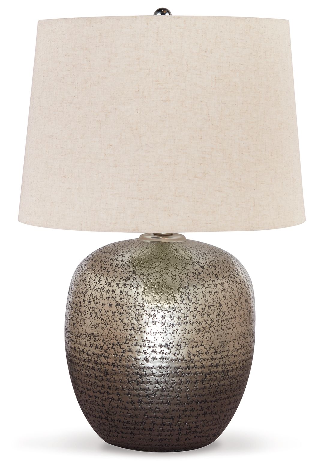 Antique silver metal table lamp with textured base and beige fabric drum shade