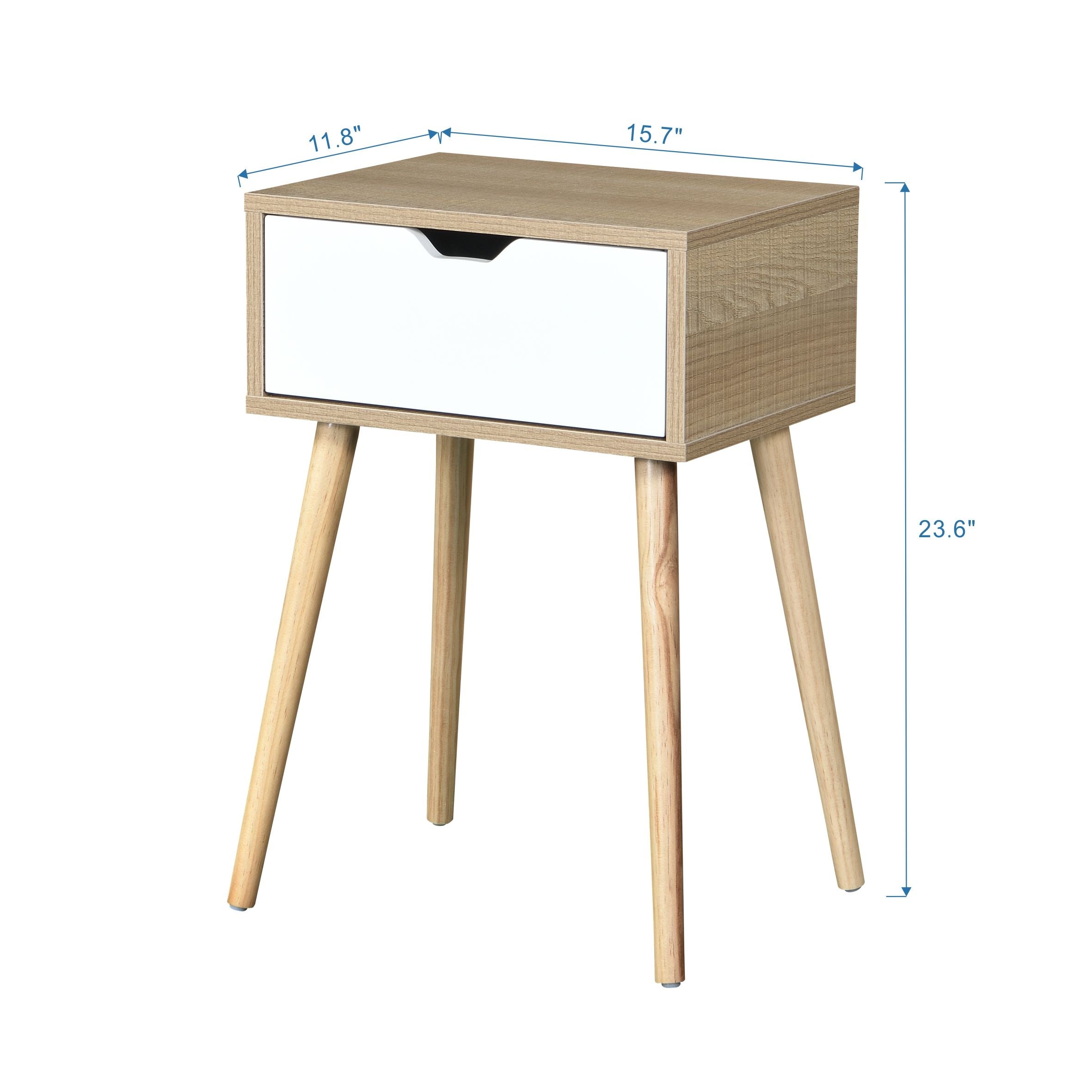 Side Table With 1 Drawer And Rubber Wood Legs, Mid - Century Modern Storage Cabinet For Bedroom Furniture - White With Solid Wood Color