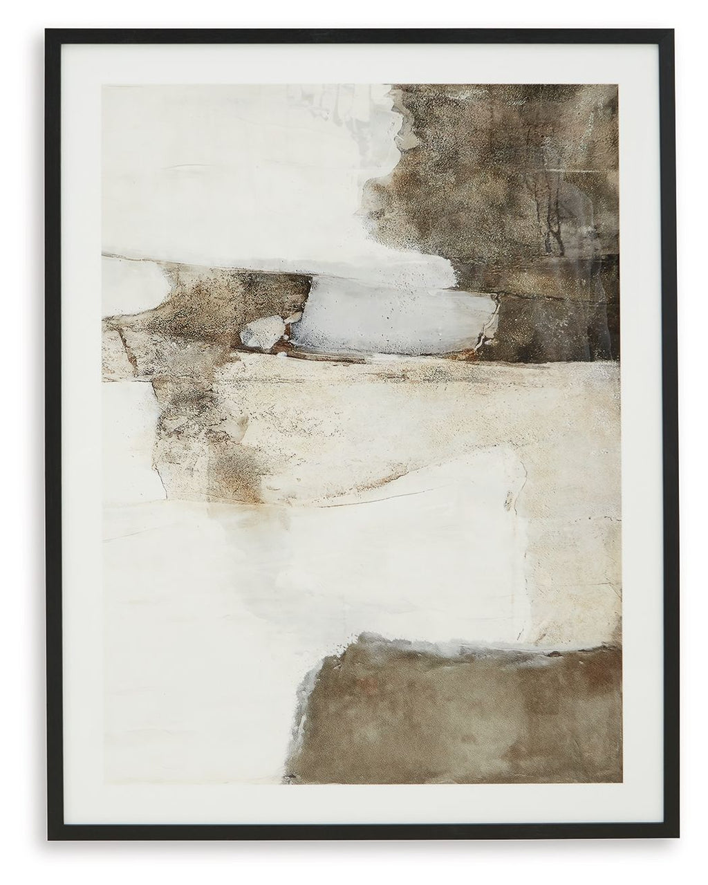 Framed abstract wall art with white and brown textured shapes