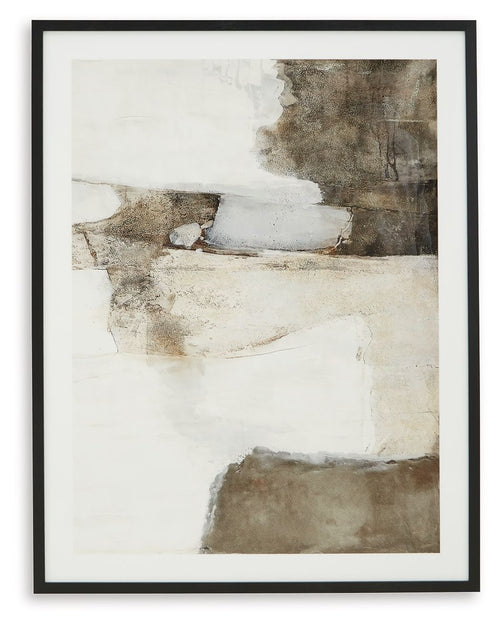 Framed abstract wall art with white and brown textured shapes