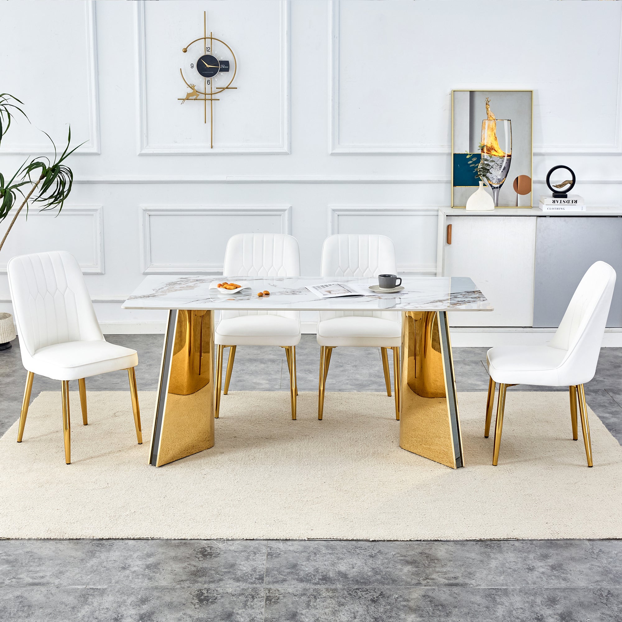 Jade Stone Dining Table & 4 White Chairs