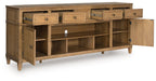 Light brown wooden TV stand with fireplace insert, drawers and open cubbies, side view