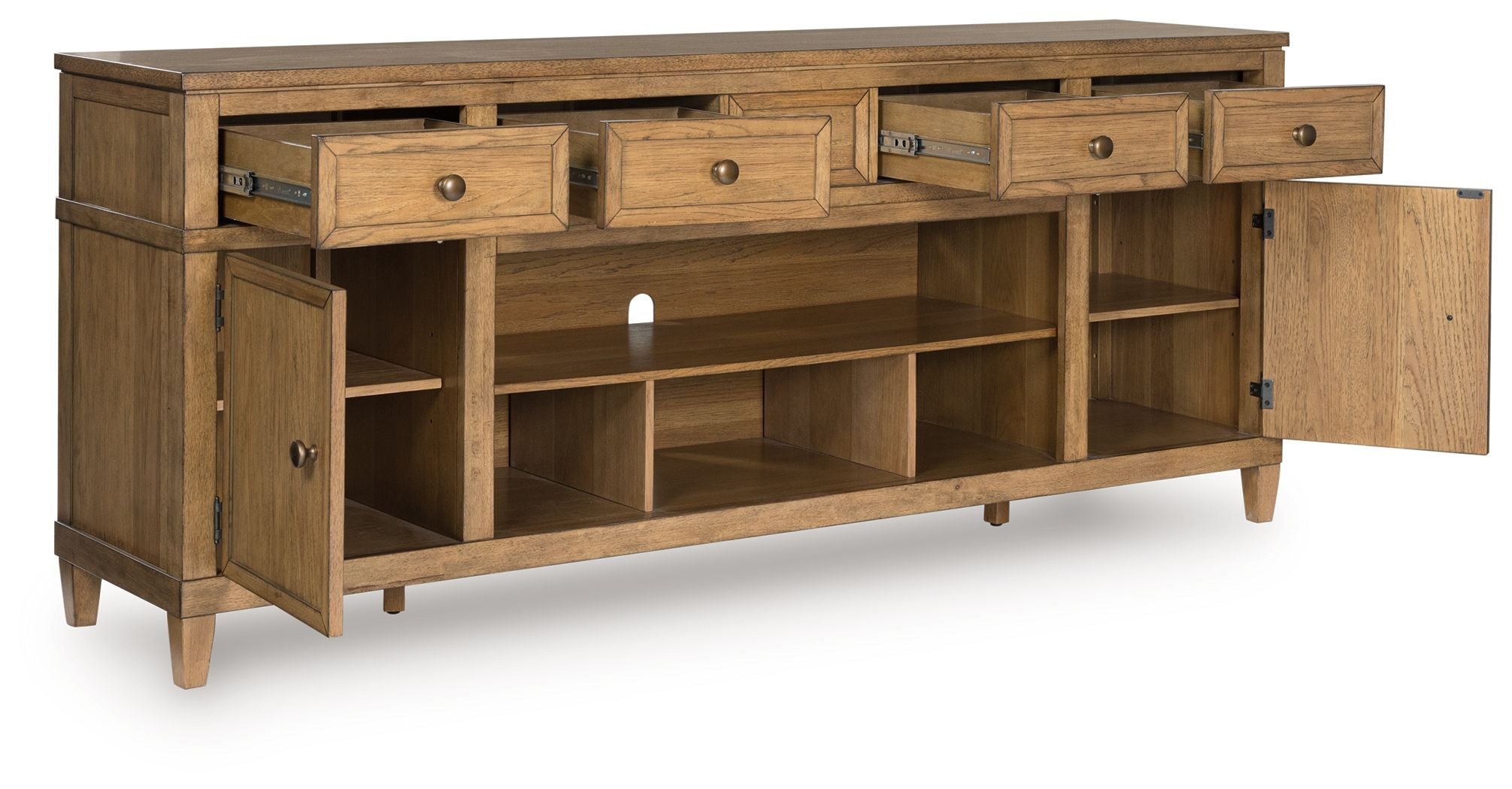 Light brown wooden TV stand with fireplace insert, drawers and open cubbies, side view