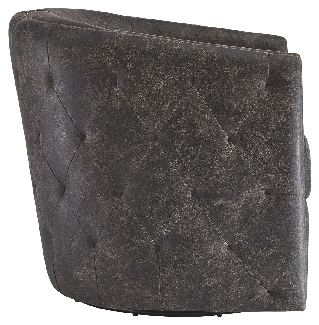 Dark swivel accent chair side view with button-tufted back and padded armrests