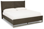 Grayish-brown panel bed frame with slatted headboard and white mattress