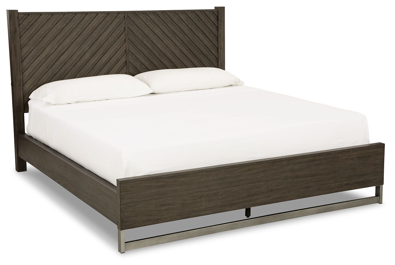 Grayish-brown panel bed frame with slatted headboard and white mattress