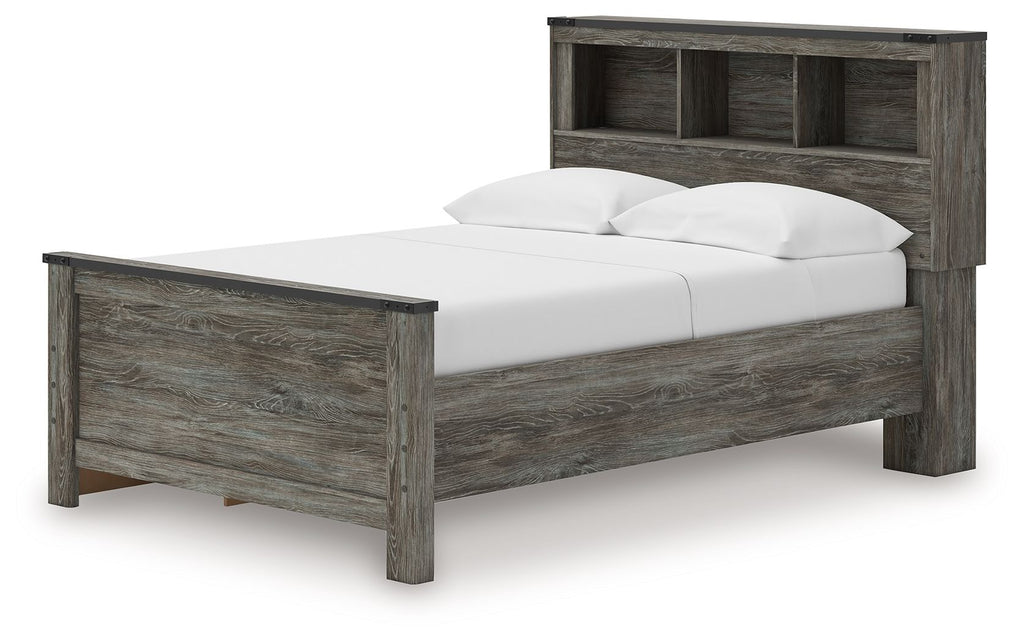 Gray bookcase panel bed with white mattress, low footboard, and open-shelf headboard.