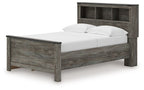 Gray bookcase panel bed with white mattress, low footboard, and open-shelf headboard.