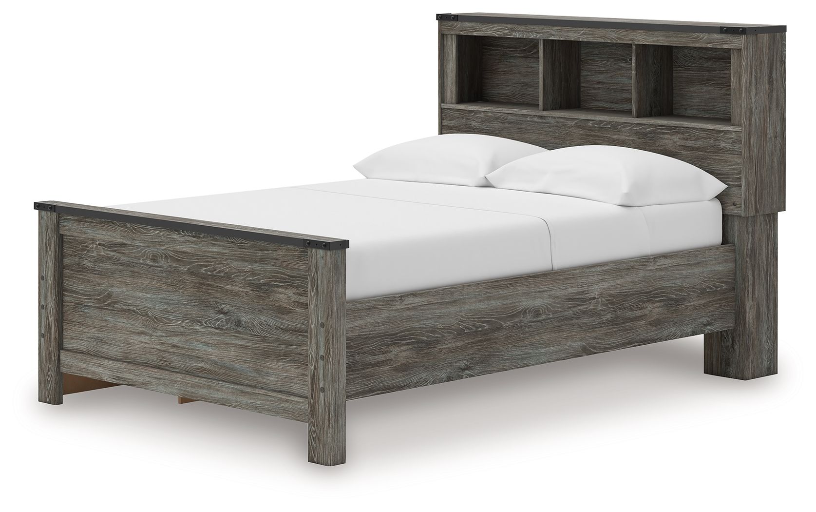 Gray bookcase panel bed with white mattress, low footboard, and open-shelf headboard.