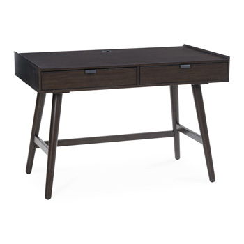 Home office desk in merlot wood with two drawers and lower open shelf