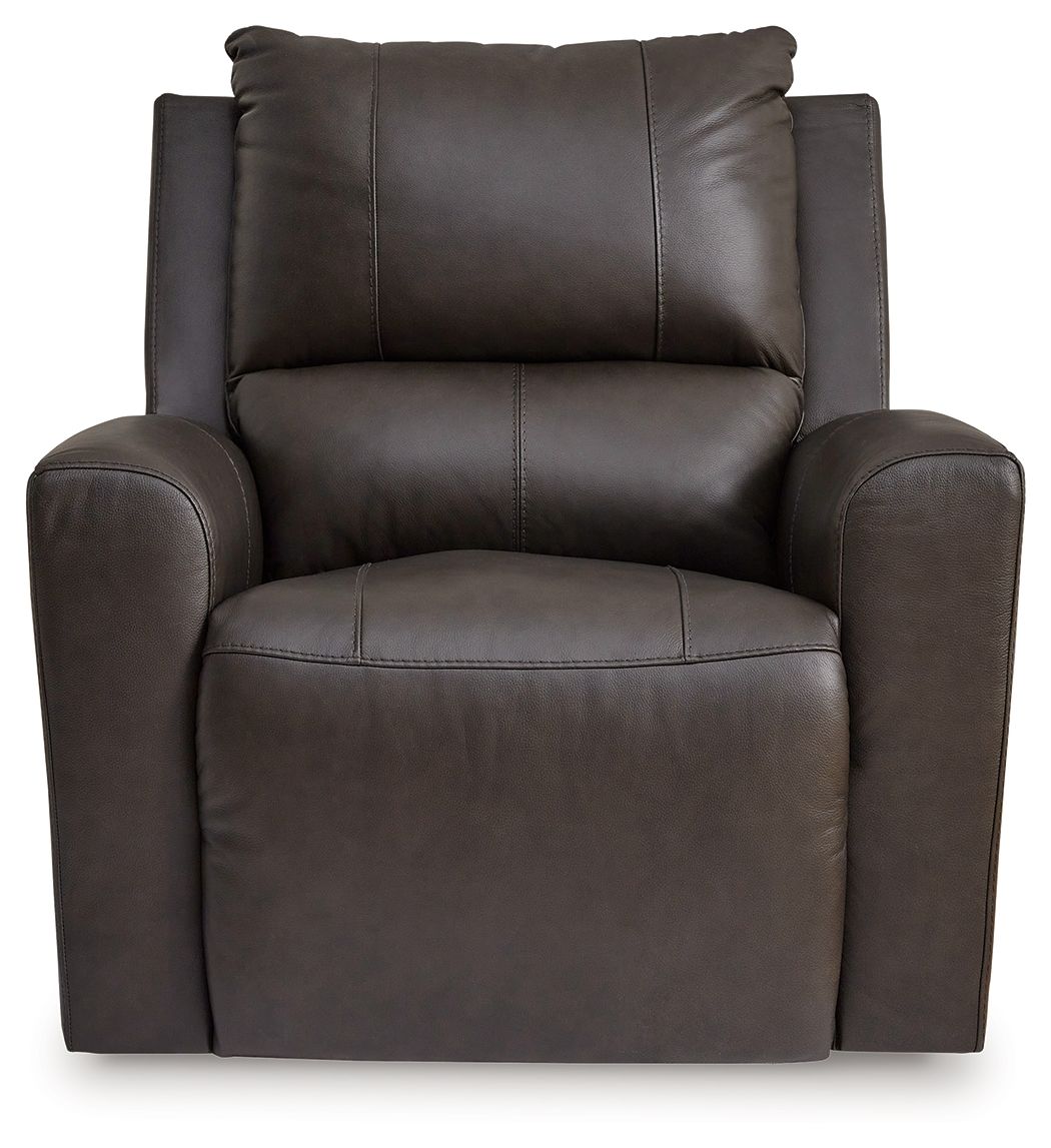 Dark brown power rocker recliner with tall backrest, padded seat, and wide side panels