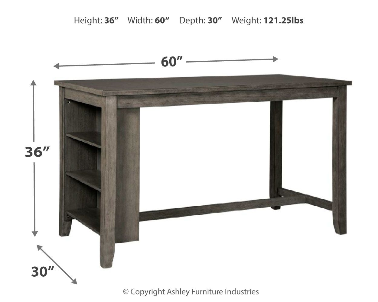 Gray rectangular counter table, 60"W x 36"H x 30"D