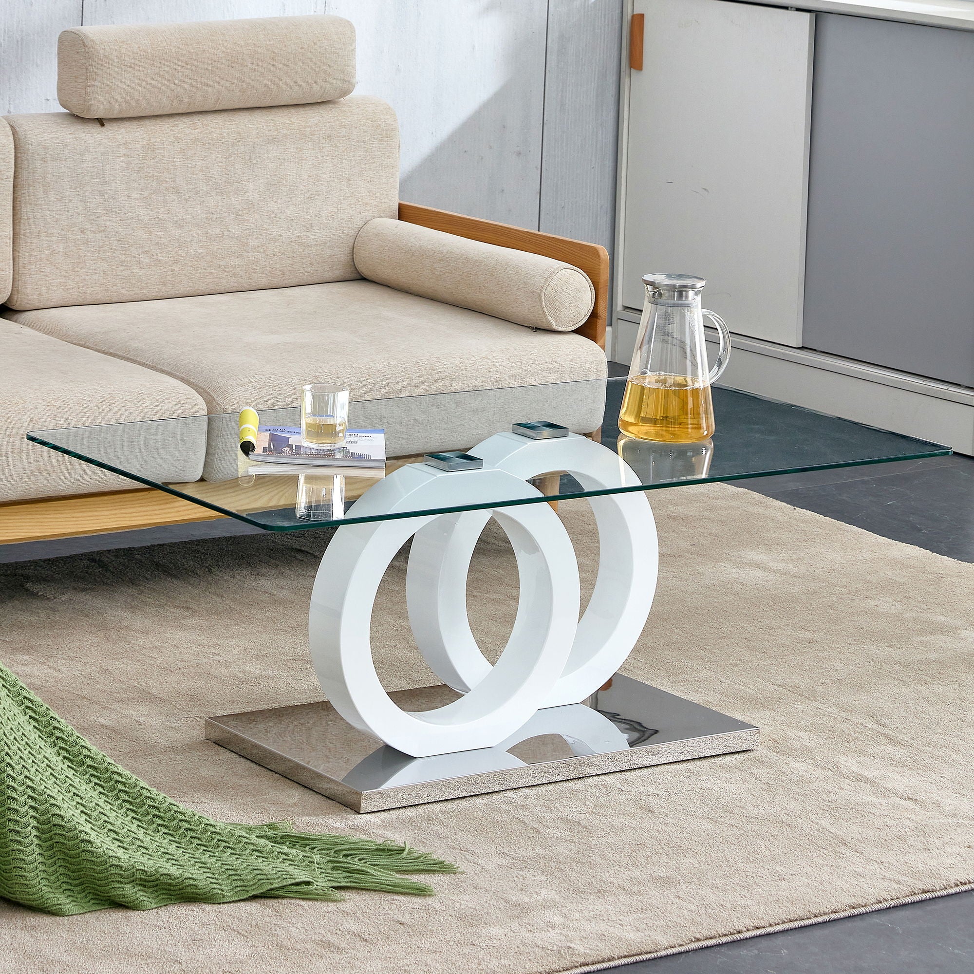 Rectangular Modern And Fashionable Coffee Table With Tempered Glass Tabletop And White Legs Suitable For Living Room