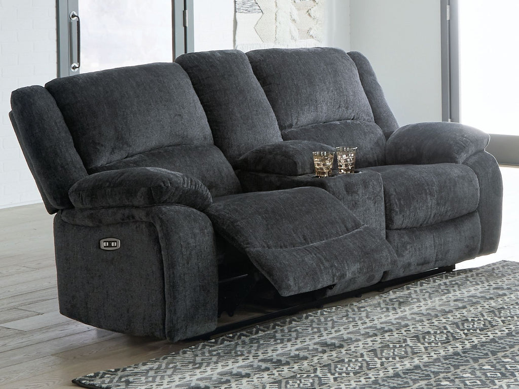 Dark gray reclining loveseat shown reclined with side control panel