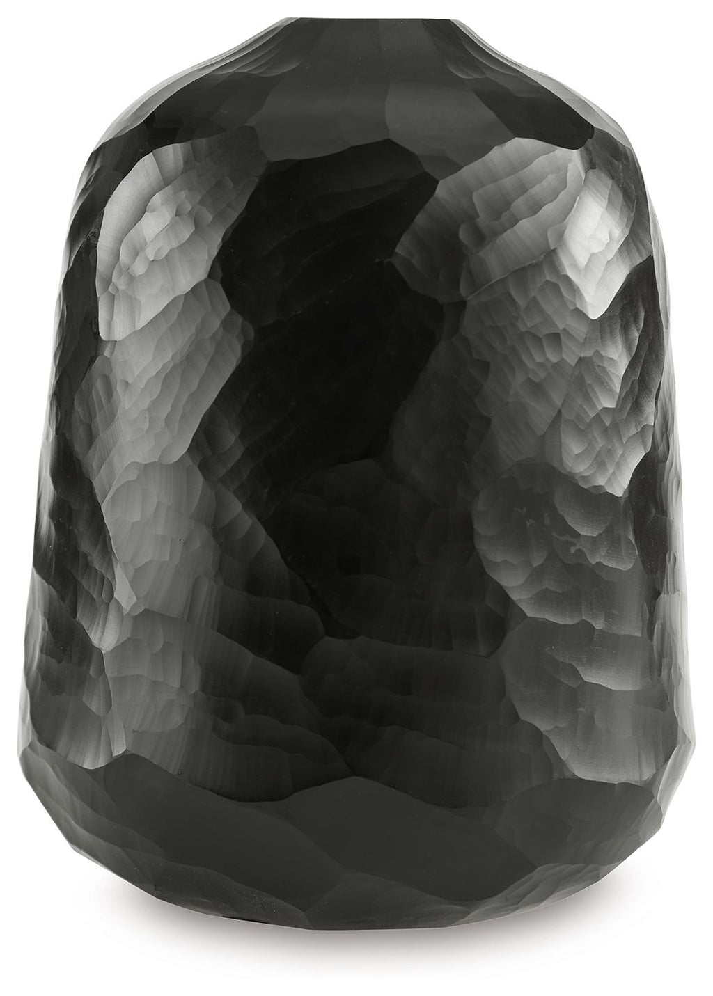 Black faceted vase with tapered top opening, glossy textured finish