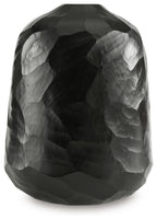 Black faceted vase with tapered top opening, glossy textured finish