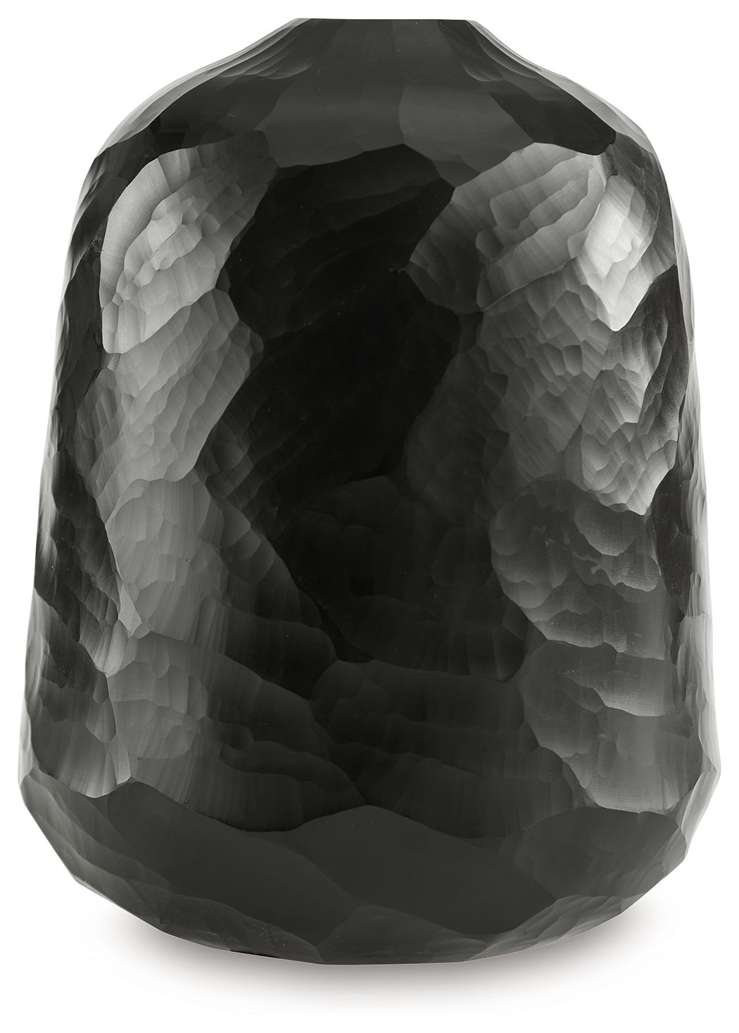 Black faceted vase with tapered top opening, glossy textured finish
