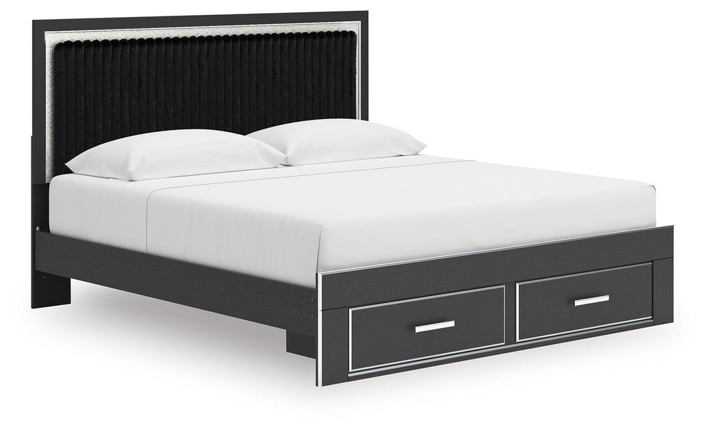 Upholstered panel platform storage bed, black frame with two front drawers and white mattress