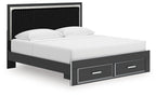 Upholstered panel platform storage bed, black frame with two front drawers and white mattress