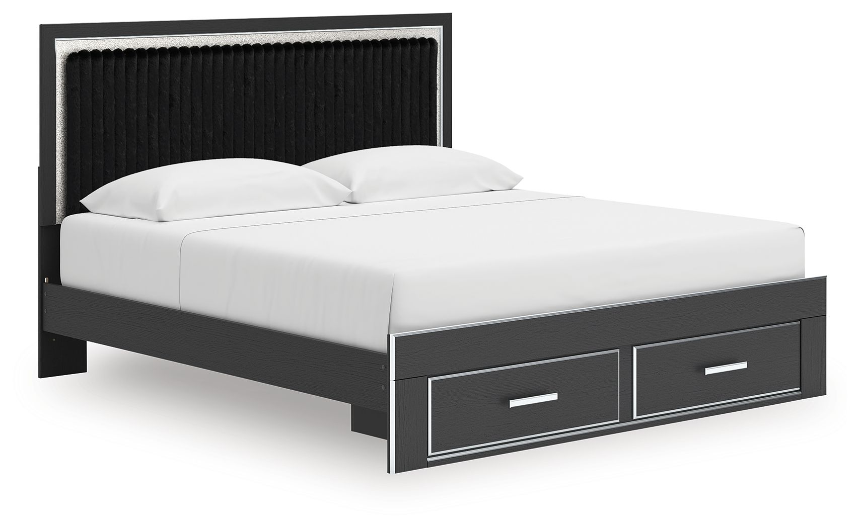 Upholstered panel platform storage bed, black frame with two front drawers and white mattress