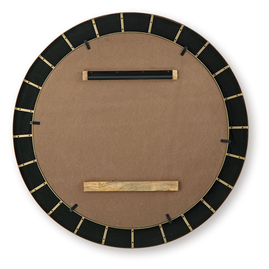 Back of charcoal accent mirror with black ring and brass hardware
