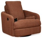 Brown swivel glider recliner with tall back, padded arms, and black handle detail