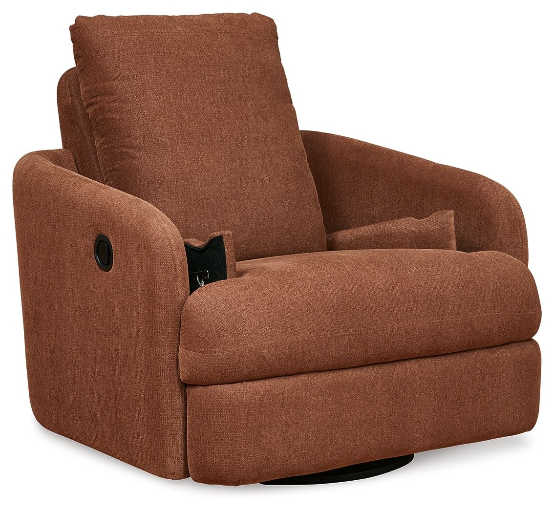 Brown swivel glider recliner with tall back, padded arms, and black handle detail