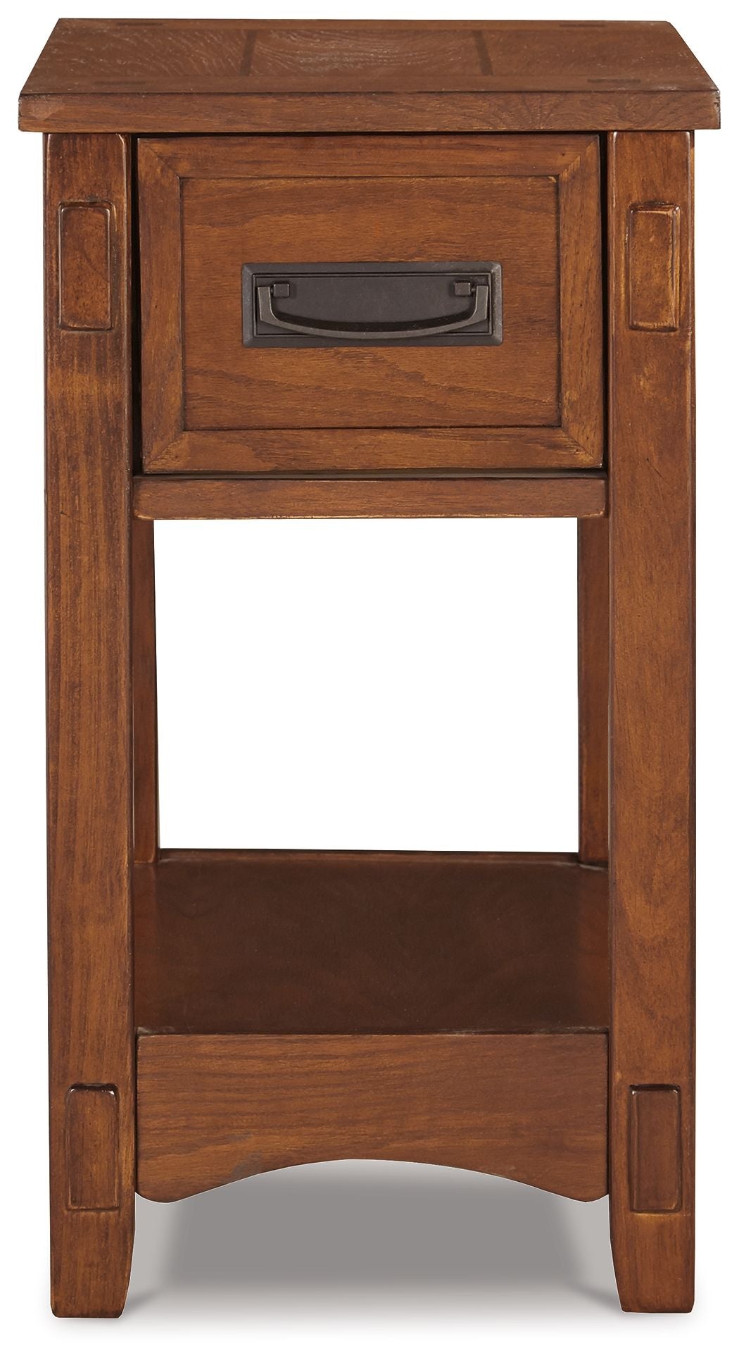 Brown wooden chair side end table with centered drawer and open shelf