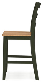 Dark green barstool with light wood seat and slatted back, square legs.