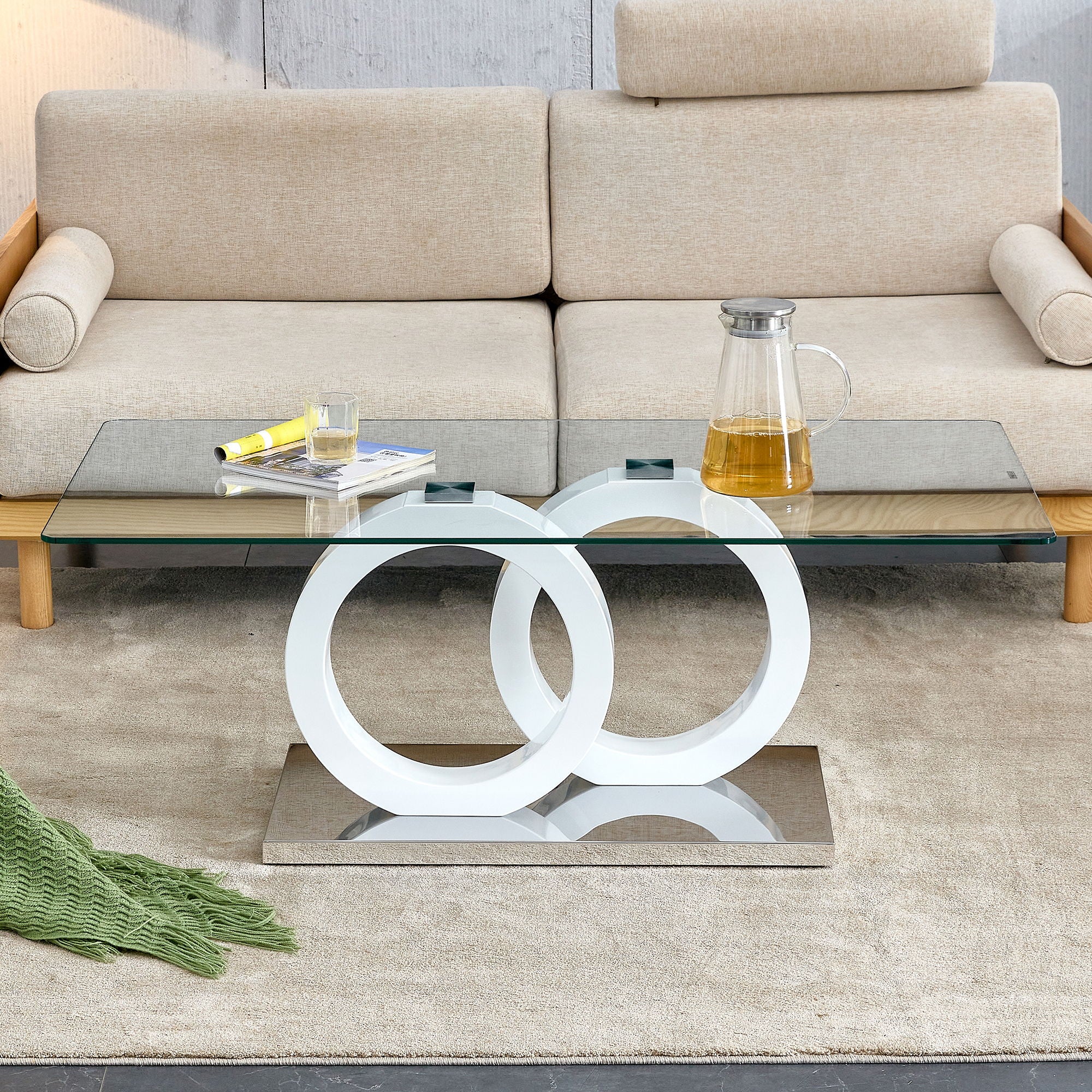 Rectangular Modern And Fashionable Coffee Table With Tempered Glass Tabletop And White Legs Suitable For Living Room