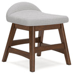 Light gray upholstered home office desk chair with curved seat, wooden frame, and rails