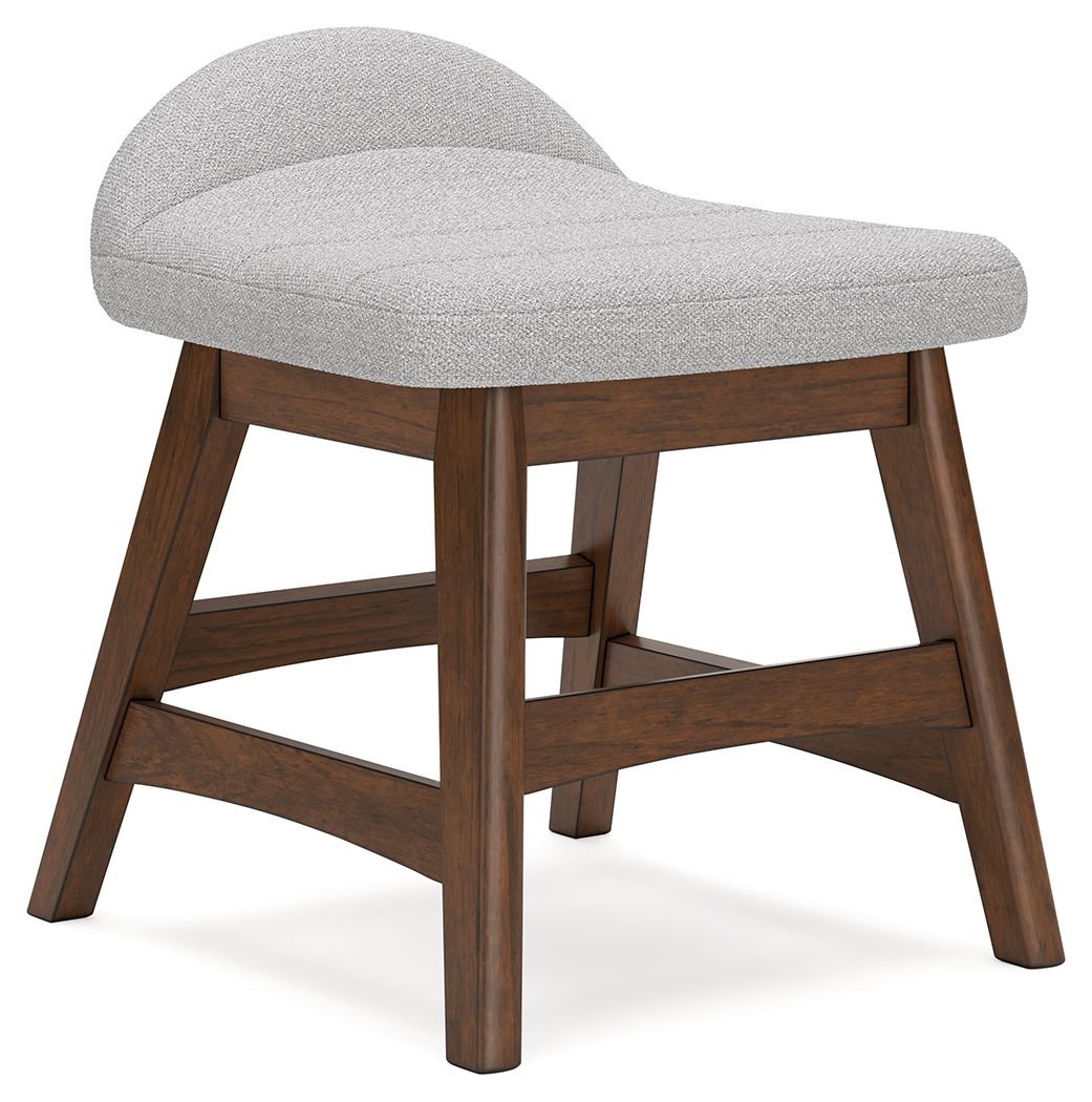 Light gray upholstered home office desk chair with curved seat, wooden frame, and rails