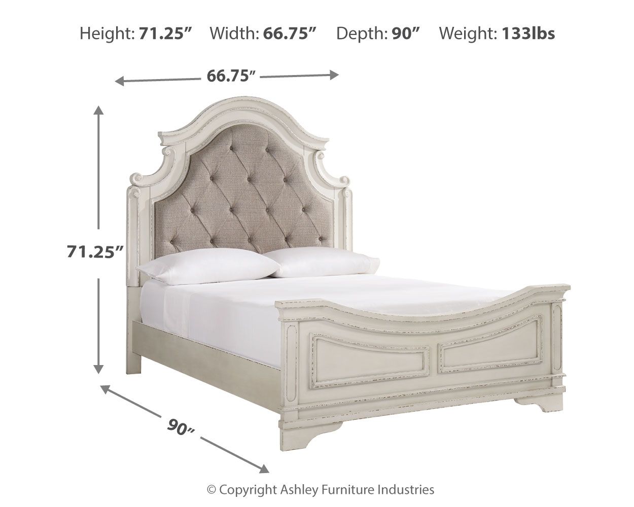 Upholstered panel bed side view with tufted headboard and white footboard