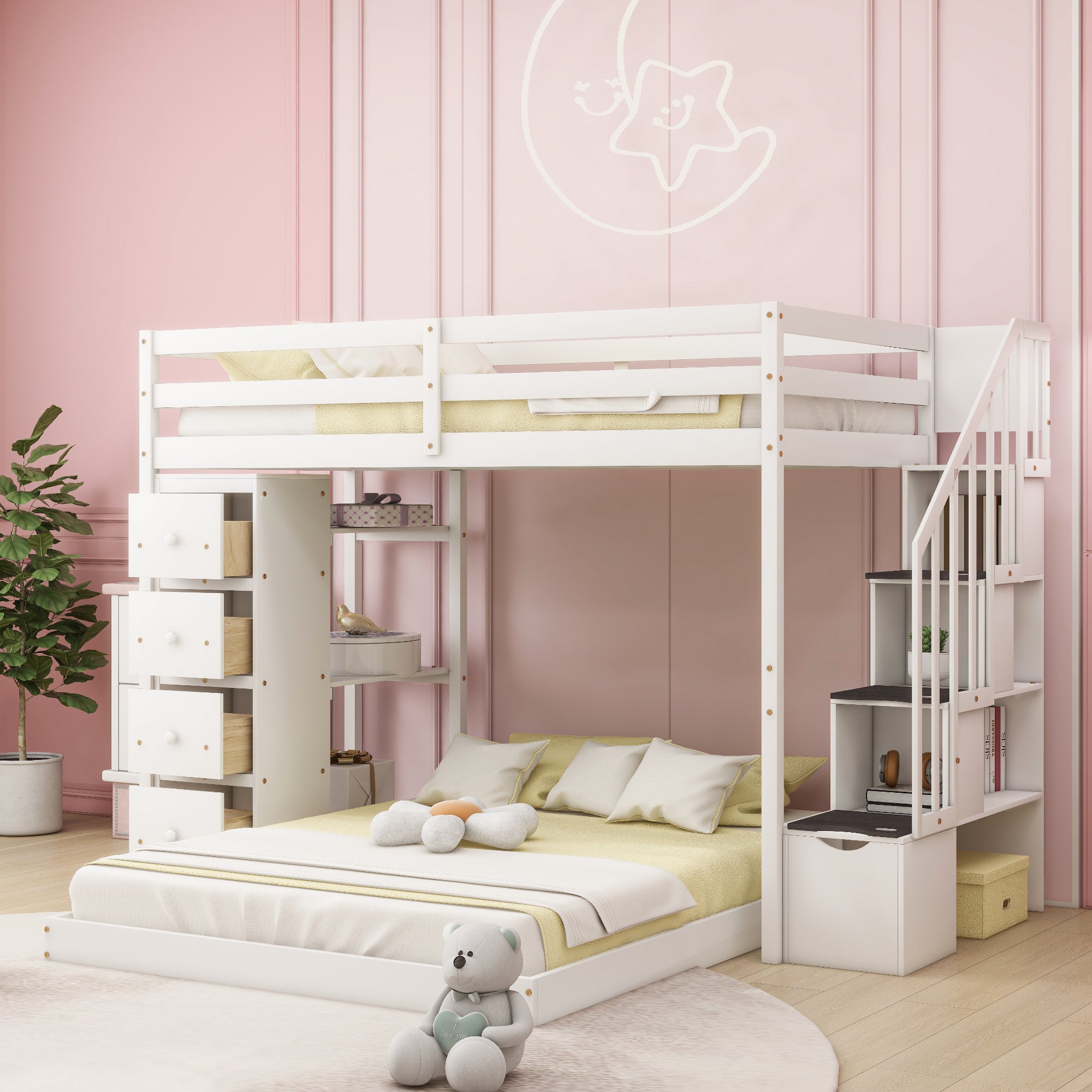 White Twin Over Full Bunk Bed w/Shelves, Drawers & Storage Stairs