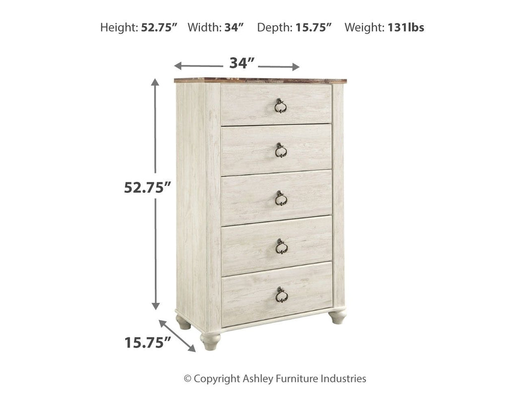 Five-drawer chest layout with distressed light wood finish and dark metal drawer pulls