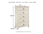 Five-drawer chest layout with distressed light wood finish and dark metal drawer pulls