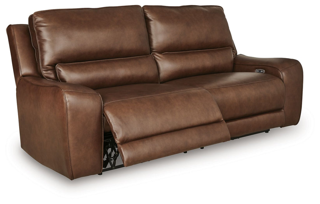 Dark brown power reclining sofa with side control and adjustable headrests