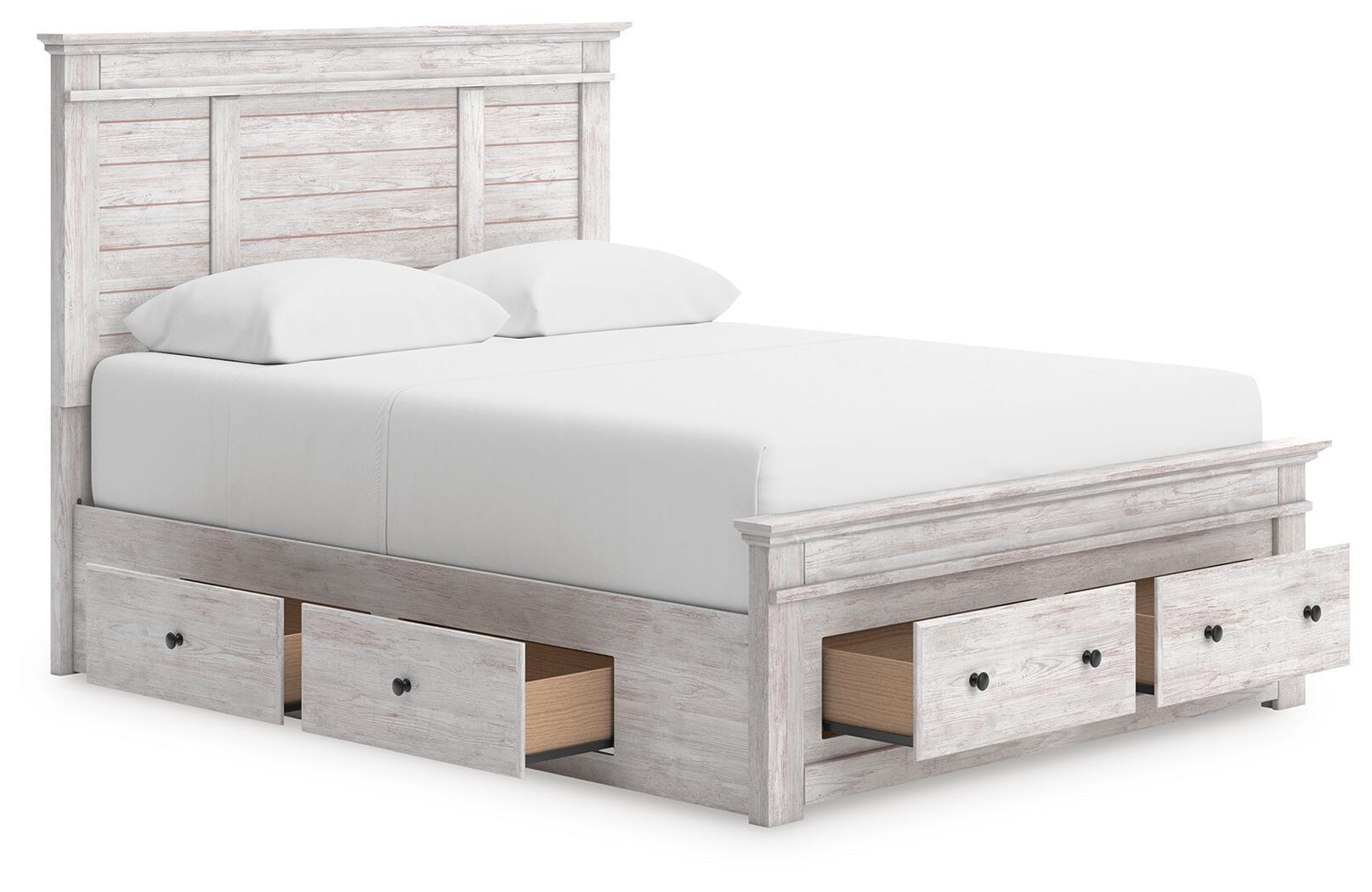 Panel storage bed with white mattress, light gray wood frame, open front storage compartments